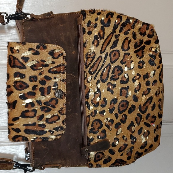 Myra leather handbag.animal print.brown and gold shimmer. - Picture 3 of 7